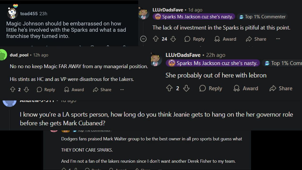 Fans comment on Magic Johnson's role in Sparks amid Lakers' sale. (Reddit)